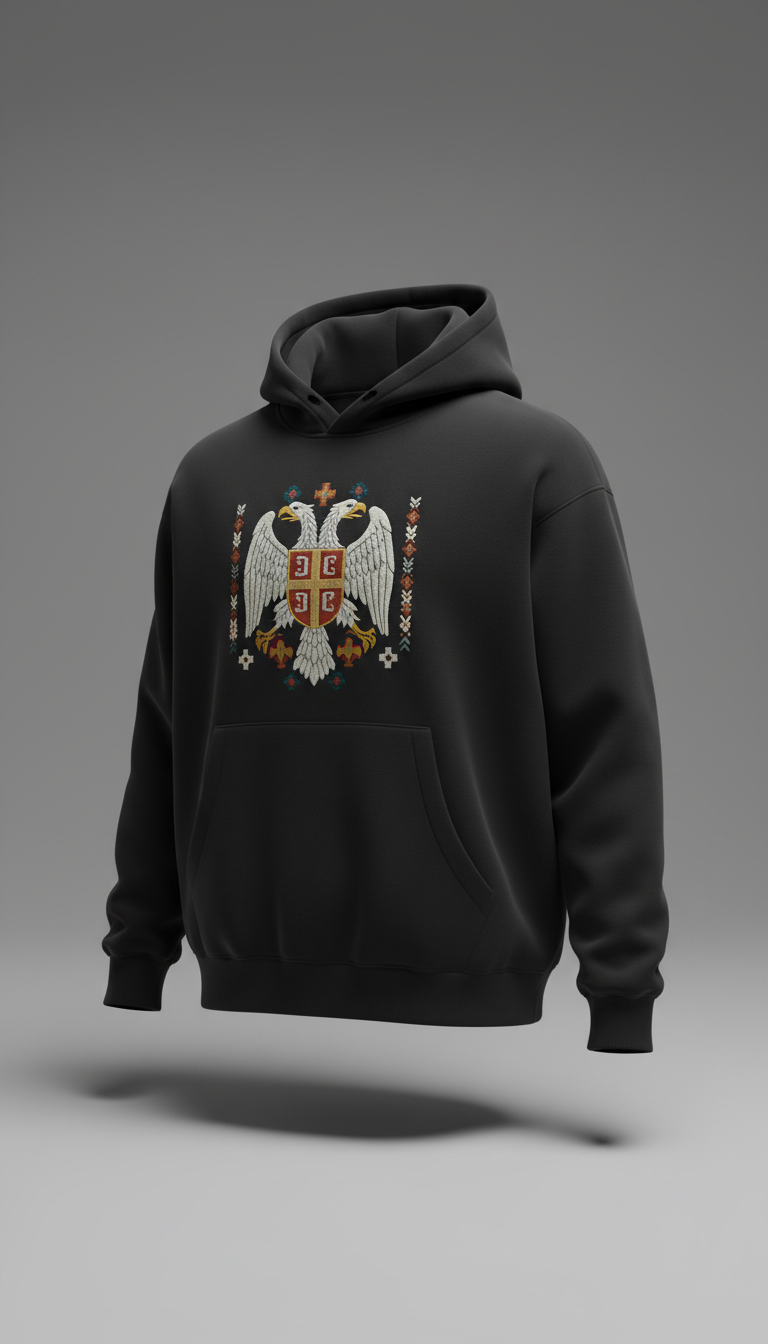 Obsidian Black Serbian Embroidered Hoodie