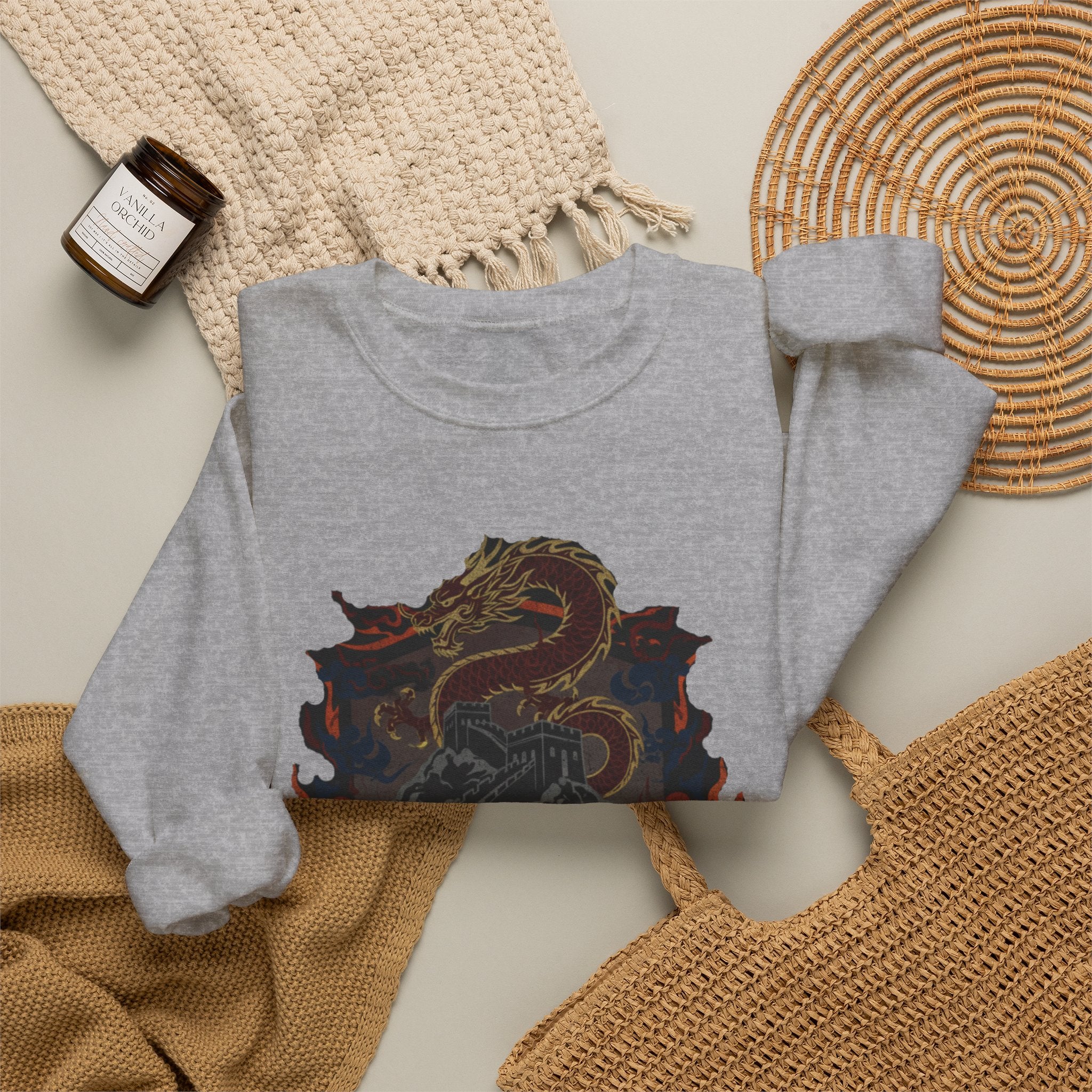Dragon Crest Crewneck Sweatshirt — Asian Calligraphy Emblem
