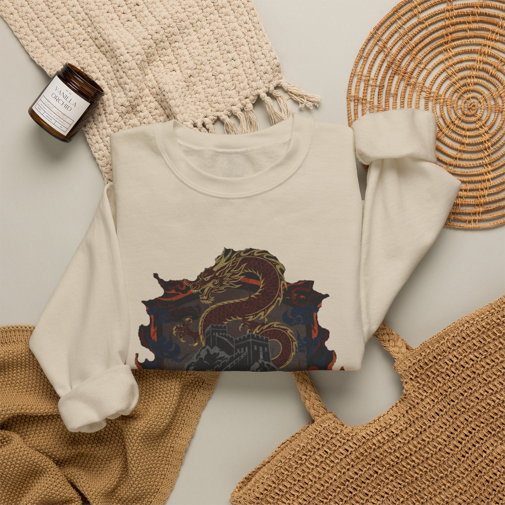 Dragon Crest Crewneck Sweatshirt — Asian Calligraphy Emblem
