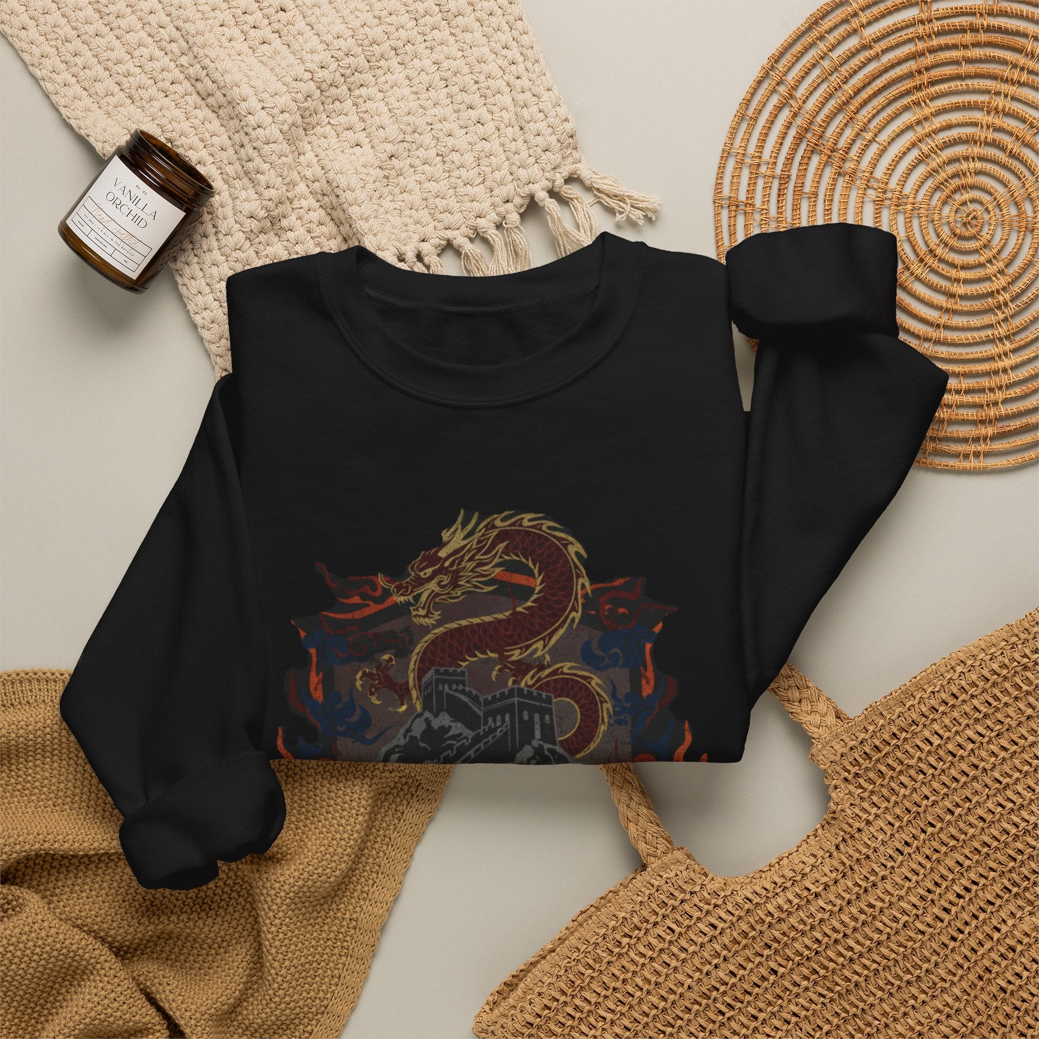 Dragon Crest Crewneck Sweatshirt — Asian Calligraphy Emblem