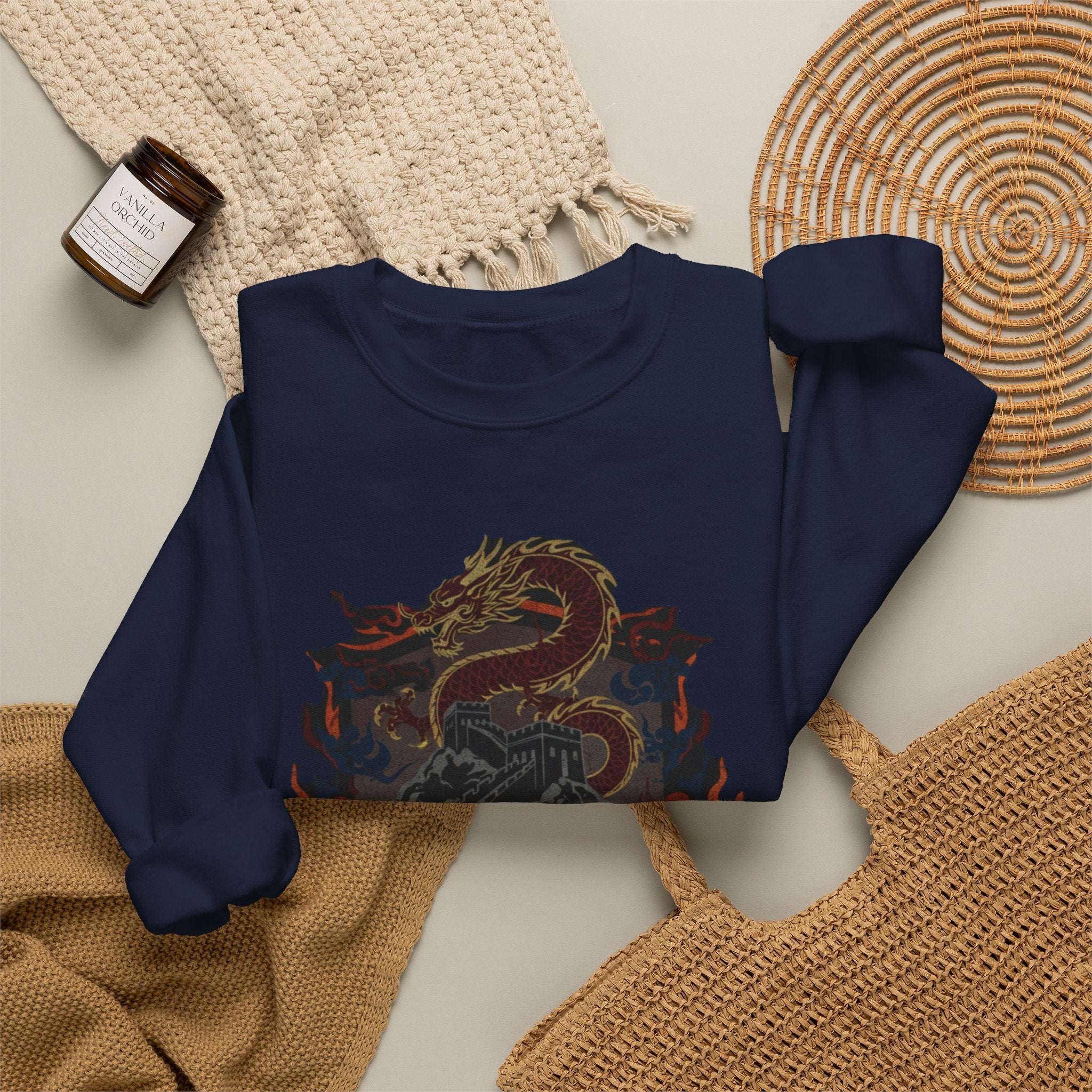 Dragon Crest Crewneck Sweatshirt — Asian Calligraphy Emblem